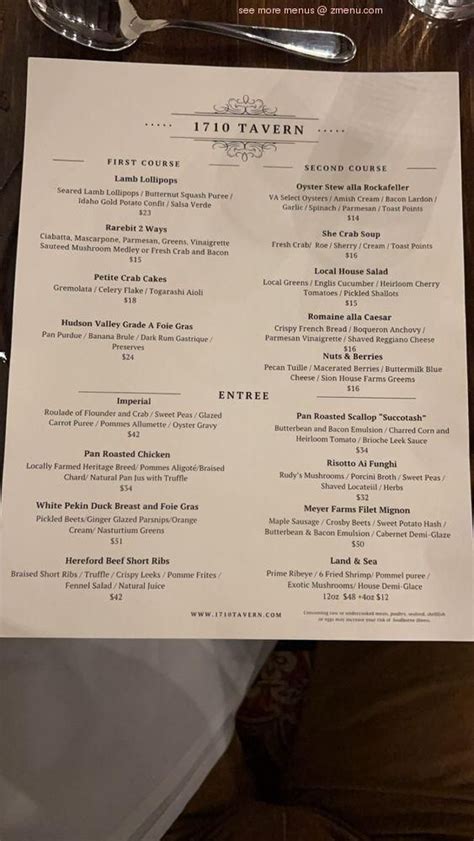 Online Menu Of 1710 Tavern Restaurant Tappahannock Virginia 22560