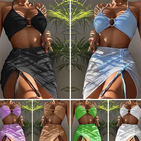 Sunsanly 3Pcs Set Women Bikini Set Solid Color Halter Metal Ring