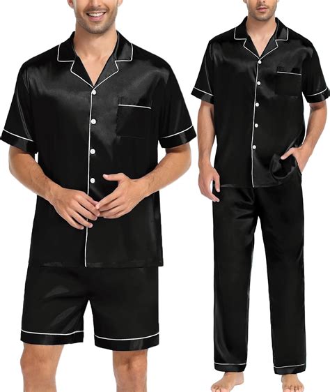 Swomog Mens Pcs Pajamas Set Silk Satin Short Sleeve Sleepwear Button