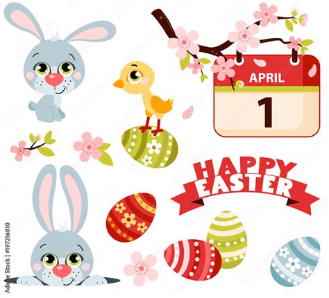 Set Of Cute Easter Cartoon Characters And Design Elements Easter Bunny