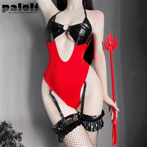 Billionm Sexy Succubus Cosplay Leather Lingerie Red Bodysuit Halter V Neck Hollow Out Temptation
