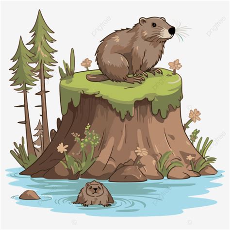 Beaver Dam Vector, Sticker Clipart Beaver Is Sitting On Top Of A Stump ...