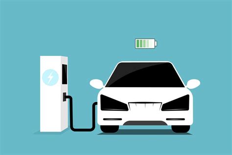 Flat Vector Illustration Of Electric Car Charging At The Charger