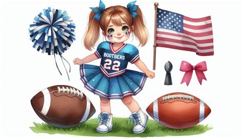 A Cute Girl With Blonde Pigtails In A Blue And Red Cheerleader Uniform Holding A Pompom With Two