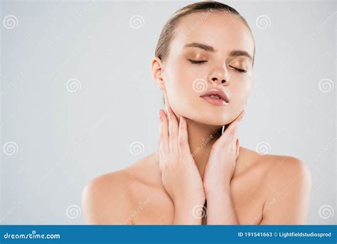 Naked Woman With Closed Eyes Touching Stock Image Image Of Beautiful Touch