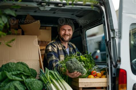 A local farmer is delivering various types of fresh organic produce