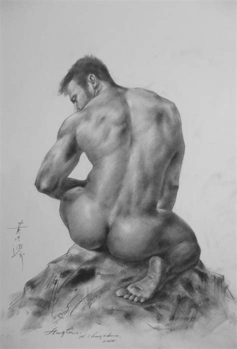 ORIGINAL ARTWORK DRAWING GAY MAN CHARCOAL PENCIL ART MALE NUDE ON PAPER SIGNED BY HONGTAO