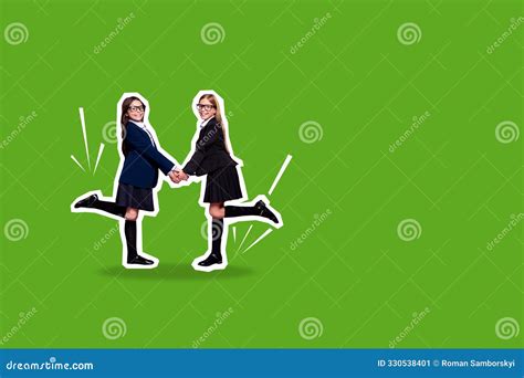 Composite Photo Collage Of Two Happy Blonde Brunette School Classmates Girls Dance Jump Together