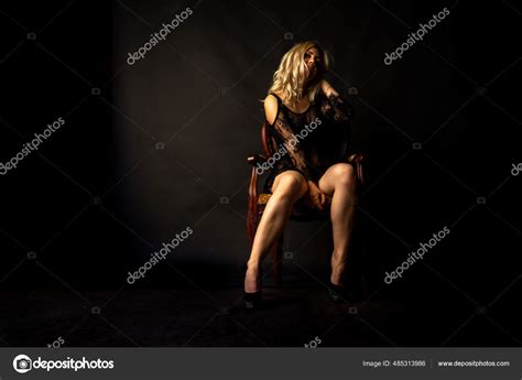 Sexy Beautiful Blonde Woman Lingerie Posing Dark Studio Stock Photo Design Ua 485313986