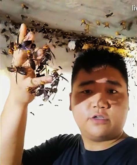 Китаец без особого страха берёт в руку целую жменю азиатских огромных ...