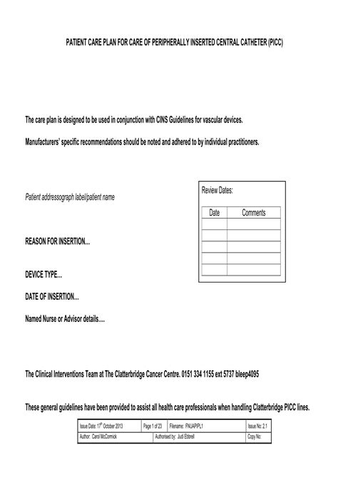 Patient Care Plan For Care Of Peripherally Inserted Central Catheter