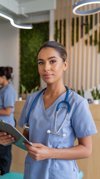 Mujer latina joven con uniforme de fisioterapeuta sosteniendo un clipboard en la clínica