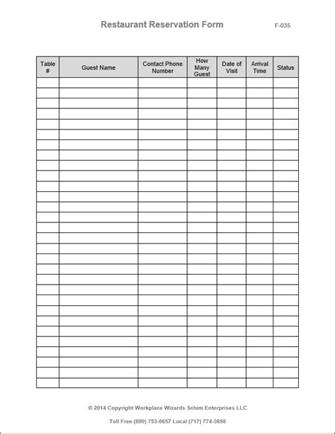 Printable Restaurant Reservation Sheet Template