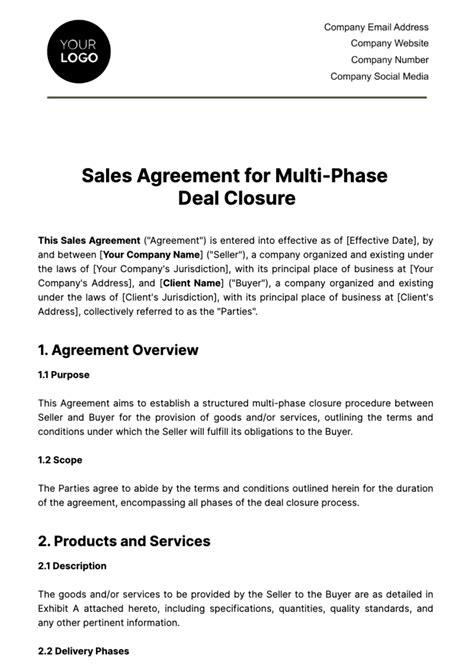 Free Sales Agreement For Multi Phase Deal Closure Template To Edit Online