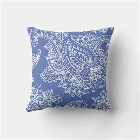 Blue Illustrated Bohemian Paisley Henna Throw Pillow Zazzle