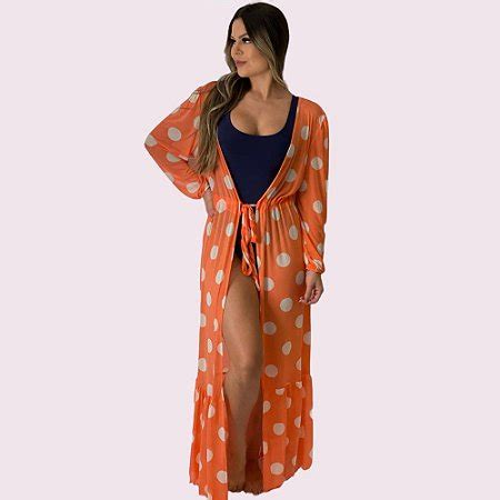 Saída de Praia Longa Manga Longa Bufante Poá Laranja Nude G GG Shallow