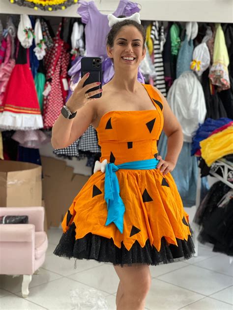 Fantasia Carnaval Feminina Pedrita Laranja Flintstones Dalil