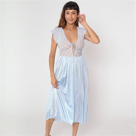 Vintage Baby Blue Lace Nightgown S Sheer Lingerie Slip Dress Lace Up Deep V Neck Cap Sleeve