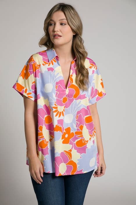 Floral Print Pleat Front V Neck Stretch Shirt Tunics Blouses