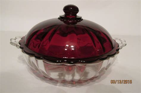 Vintage Anchor Hocking Old Cafe Covered Candy Dish ~ Clear Glass ~ Ruby