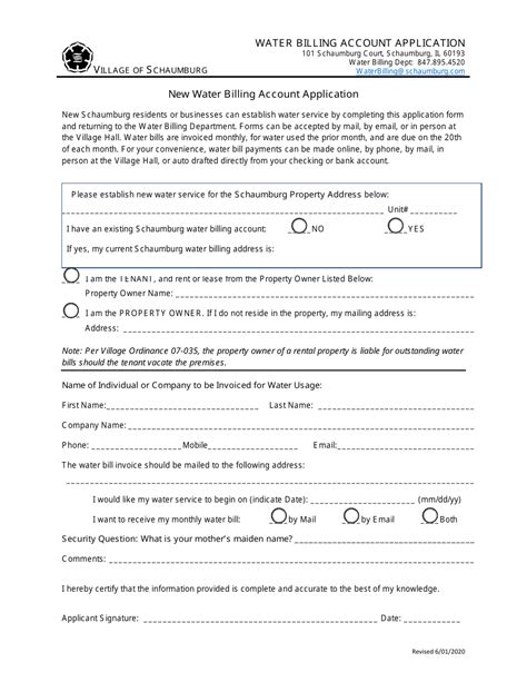 Village Of Schaumburg Illinois New Water Billing Account Application