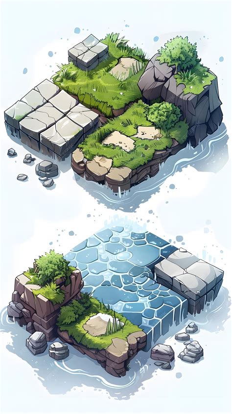 Isometric 2d Game Texture Tiles 2d Cartoon Level Ground Blocks Of Various Materials Rock Sand Ic