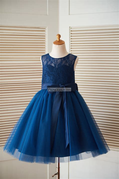 Navy Blue Lace Tulle Keyhole Back Wedding Flower Girl Dress With Sash