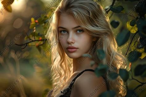 Beautiful Blonde Teen Girl With Long Wavy Hair Posing In Nat