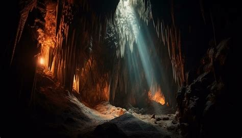 Mysterious underground cave illuminated by spooky flames generated by