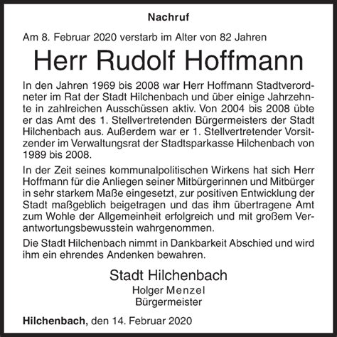 Traueranzeigen Von Rudolf Hoffmann 57trauer De