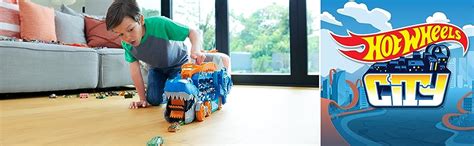Amazon Hot Wheels City Toy Car Track Set Ultimate T Rex Transporter Hauler Transforms