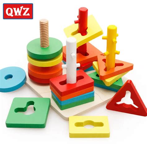 Qwz Wooden Geometric Puzzle Board Kids Educational Jigsaw Stacker