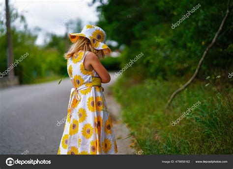 Cute Year Old Blonde Girl Walking Playing Grass Wearing Summer Stock Photo Greatpics