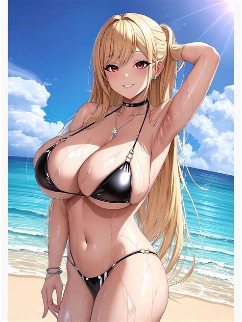 Ecchi Sexy Huge Boobs Beach Bikini Anime Girl Oppai Poster By