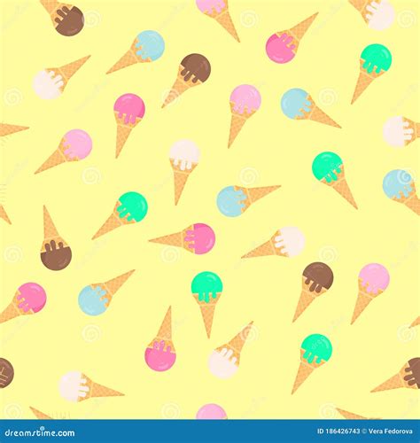 Colorful Ice Creams Waffle Cones Seamless Pattern Summer Dessert Flat