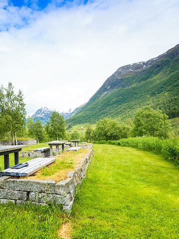 Camp Site With Picnic Table In Norwegian Mountains Stock Photo ...