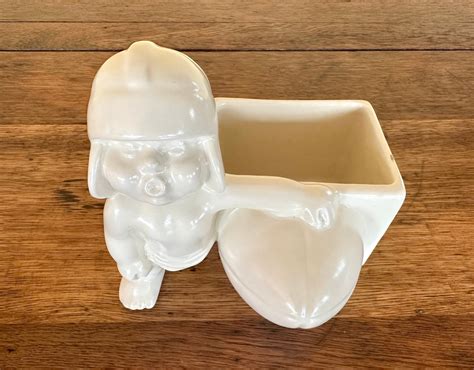 Vintage Haeger Pottery White Ceramic Planter Baby Boy Playing Football