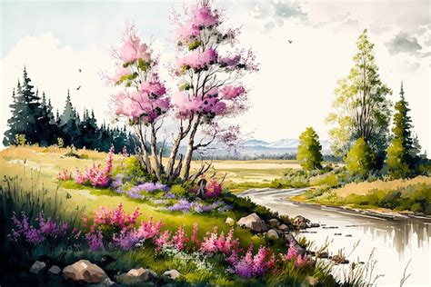 Акварель весенний пейзаж деревья цветут луг и горы | Премиум Фото