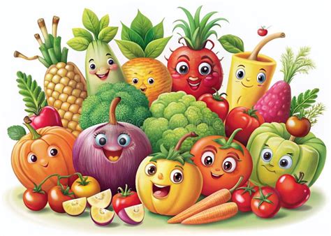adorable cartoon fruits  vegetables  colorful  engaging