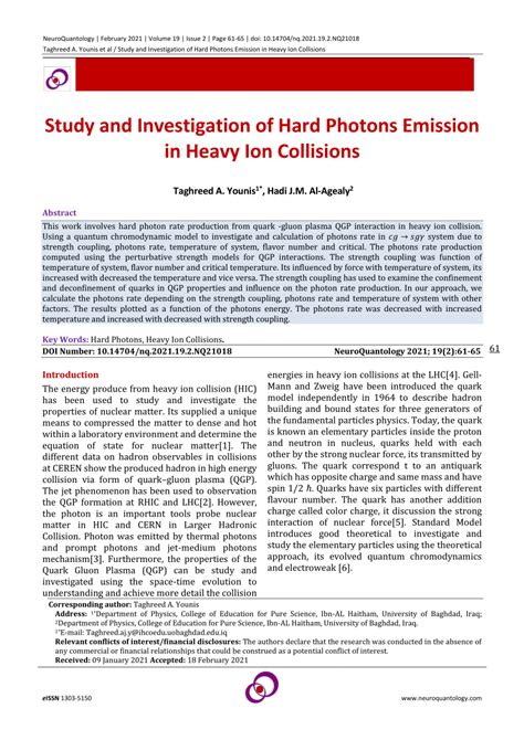 Pdf Study And Investigation Of Hard Photons Emission In Heavy Ion