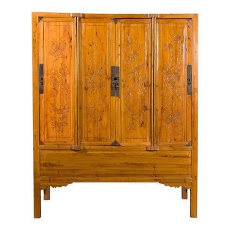 Vintage 1960s Hand Carved Mexican Wooden Armoire With Four Doors And