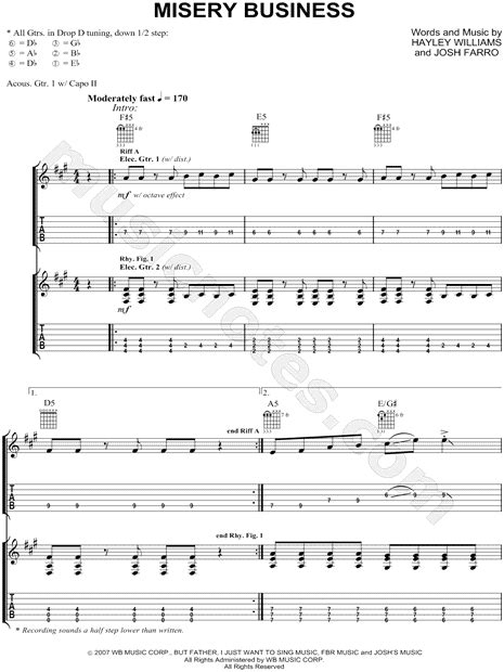 Paramore Misery Business Guitar Tab In F Minor Download And Print