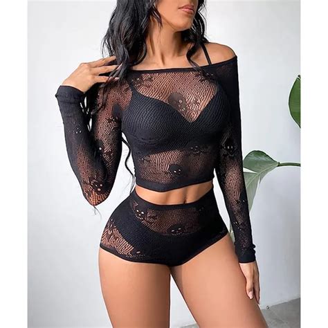Women S Sexy Black Fishnet Off The Shoulder Lingerie Set Mesh Bodysuit With Lace Decoration And