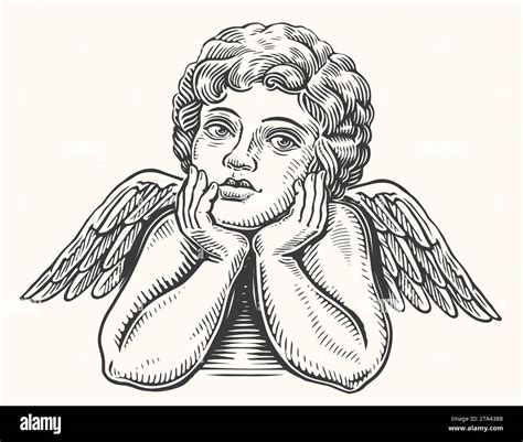 Hand Drawn Pensive Angel Child With Wings Cherub Or Cupid Sketch