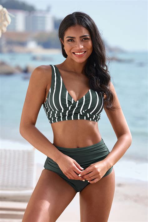 Striped Self Tie Straps Chic Bikini Set