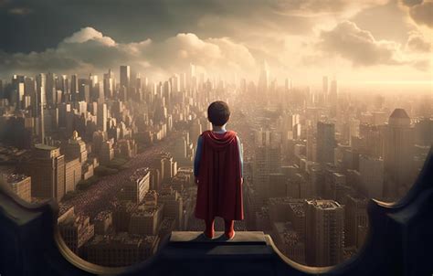 Premium Ai Image A Little Boy Superhero On Top Of A Building Looking