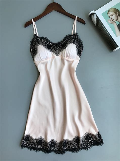 Charming Plus Size Sexy Ice Silk V Neck Lace Suspender Nightgown B W Lingerie Sexy