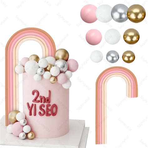 51Pcs Boho Theme Cake Decorations Kit Nude Pink Balls Soft Rainbow Cake