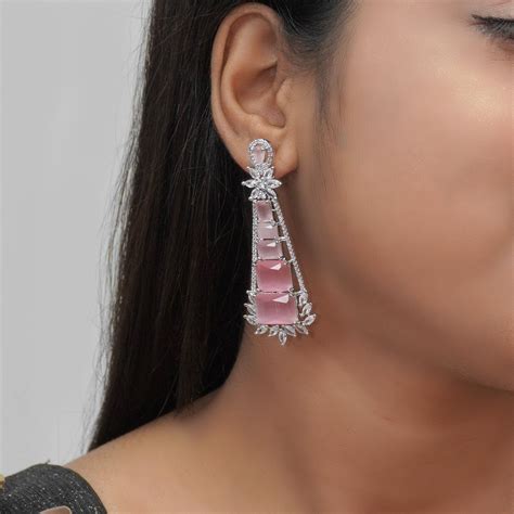 Buy Niscka Pink Crystal Chandelier American Diamond Earrings Online