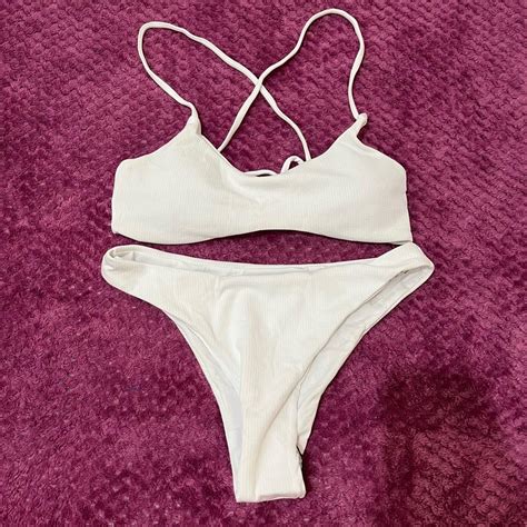 M SHEIN White Rib Crisscross Two Piece Bikini Swimsuit Women S Fashion Swimwear Bikinis
